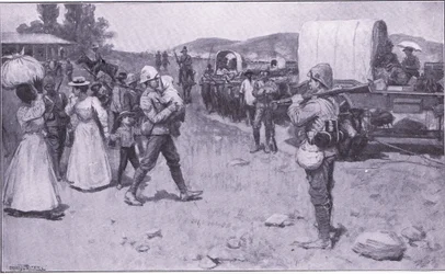 Soldados británicos asistiendo a refugiados bóer (ilustración de After Pretoria: The Guerilla War, 1902)