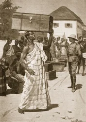 Transportistas partiendo del Castillo de Cape Coast hacia Kumassi, ilustración de 