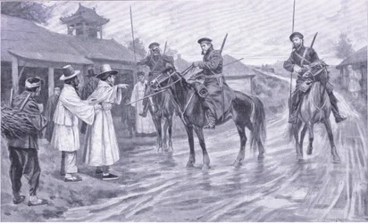 Exploradores cosacos obteniendo información de un cautivo coreano, ilustración de Cassells History of the Russo-Japanese War Vol 1, c.1900