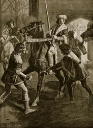Eduardo IV huye de la mansión del arzobispo en Hertfordshire, 1470, ilustración de 