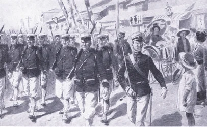 Japoneses marchando por Tokio, ilustración de la Historia de la Guerra Ruso-Japonesa de Cassell Vol 1, c.1900