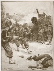 Los zuavos tomaron una de las barricadas con una carga de bayoneta, ilustración de 