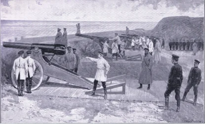 La inversión de Port Arthur. En uno de los puertos que protegen el puerto ruso, ilustración de Cassells History of the Russo-Japanese War Vol 1, c.1900