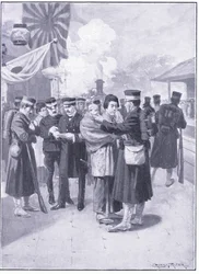 Tropas saliendo de Tokio, ilustración de Cassells History of the Russo-Japanese War Vol 1, c.1900