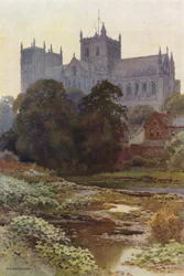Ripon Minster desde el río (litografía en color)