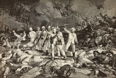 Batalla de Dogali, últimos supervivientes presentando las armas, saludando a los caídos, Guerra de Eritrea, grabado de Ernesto Mancastroppa y Cantagalli a partir de un dibujo y una composición de Ludovico Pogliaghi, de L