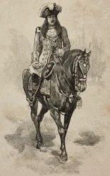 El Conde de Turín Vittorio Emanuele de Saboya en traje de Vittorio Amedeo II de Saboya en el Torneo de Villa Borghese con motivo de las bodas de plata de Umberto I y Margarita de Saboya, Roma, Italia.