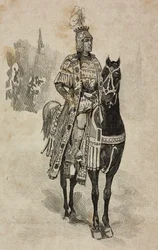 El duque de Aosta Emanuele Filiberto de Saboya en traje de Umberto Biancamano en el torneo de Villa Borghese con motivo de las bodas de plata de Umberto I y Margarita de Saboya, Roma, Italia.