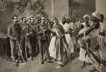 General Tancredi Saletta ofreciendo la espada a Kantibai, jefe de Abab, Massawa, Guerra de Eritrea, grabado de Ernesto Mancastroppa a partir de un dibujo de G Amato, de L