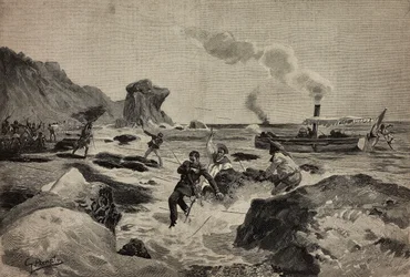 Muerte del teniente Carlo Zavagli (1867-1890) en Warsheikh, en Somalia, 24 de abril, grabado de Ernesto Mancastropa a partir de un dibujo de Gennaro Amato, de L