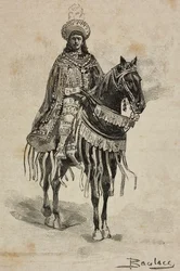 El Príncipe de Nápoles en traje de Gran Maestre de la Orden de la Anunciación en el Torneo de Villa Borghese con motivo de las bodas de plata de Umberto I y Margarita de Saboya, Roma, Italia.