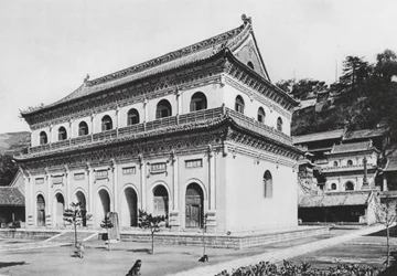 Wu tai shan, Hien tung sze, Shansi, Biblioteca Budista y Terrazas al final del Monasterio (foto b/n)