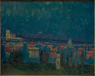 Desfile de farolillos en el Außenalster con la casa del ferry de Uhlenhorst al fondo.