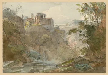Paisaje montañoso con el templo de la Sibila en Tívoli