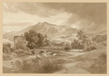 Vista de Tívoli, con el Anio en primer plano, el Ponte Lucano y la tumba de los Plautii