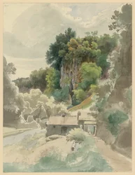 Valle rocoso y fluvial con edificio cerca de Civita Castellana