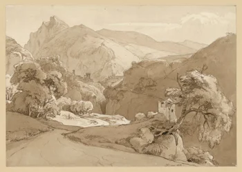 Paisaje montañoso italiano, con la ruina de un templo circular en el plano medio