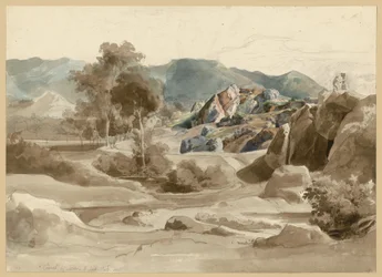 Paisaje italiano con arroyo, árboles y una casa junto al camino, y una escarpada formación rocosa. Camel cerca de Sora