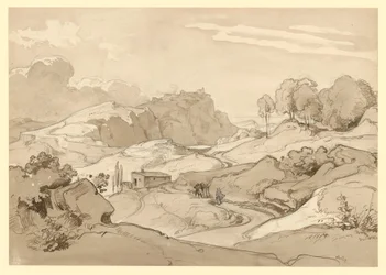 Paisaje italiano con colinas rocosas y árboles, una cabaña y figuras de ambientación junto al camino