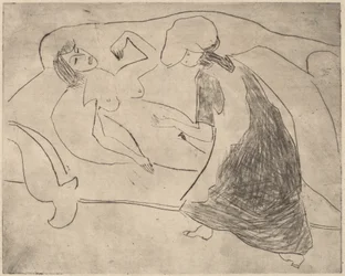 Niña, con otra frotando su vientre, 1910