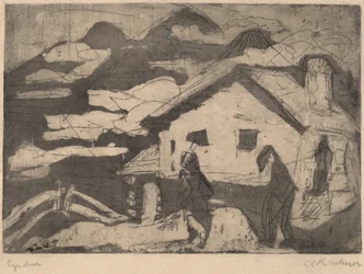 Cabañas alpinas en la niebla