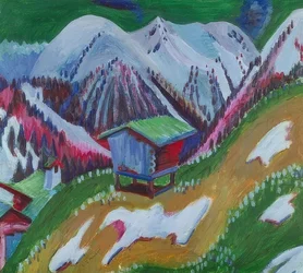 Paisaje montañoso con cabaña alpina