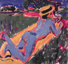 Desnudo reclinado azul con sombrero de paja, 1908