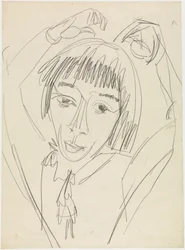 Retrato de busto de Gerda con los brazos en alto