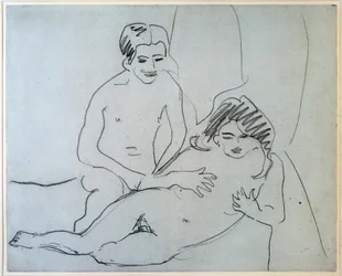 Pareja desnuda acostada en una cama