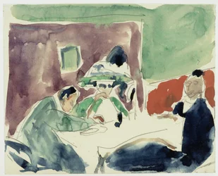 Dama (¿Dodo?) y dos hombres en una mesa de café