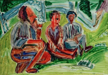 Tres campesinos en el prado