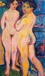 Mujeres desnudas de pie junto a la estufa