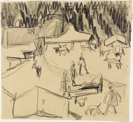 Pueblo de montaña (Staffelalp) con pastores y cabras