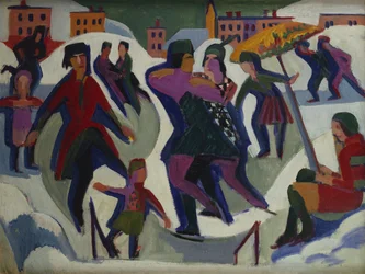 Pista de patinaje sobre hielo con patinadores, 1925