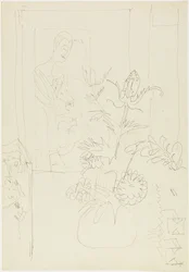 Interior con jarrón de flores, mujer y gato