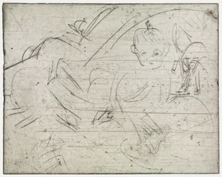 Niños con sombrilla japonesa/Niño recostado y gato