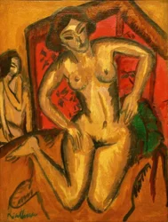 Desnudo de niña arrodillada frente a una pantalla roja