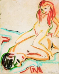 Hombre Desnudo Reclinando con Niño en la Espalda