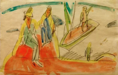 Personas y bote en la playa