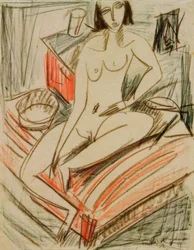 Desnudo femenino, sentada en la cama