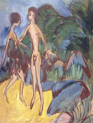 Joven y chica desnuda en la playa