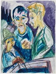 Dos campesinos y un niño junto al pozo