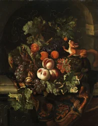Naturaleza muerta con frutas y ardilla