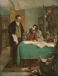 Firmando el nuevo contrato de arrendamiento, 1868, c1930