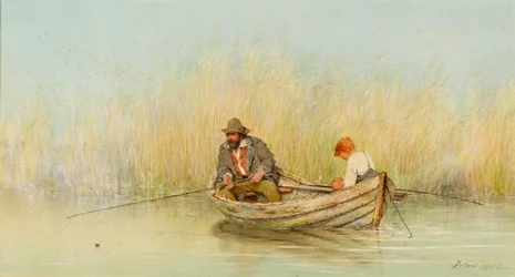 Estudio de un hombre y un niño pescando desde un bote