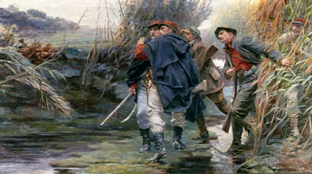 Los hermanos Enrico y Giovanni Cairoli a lo largo del río Tíber hacia Villa Glori para liberar Roma del gobierno papal.