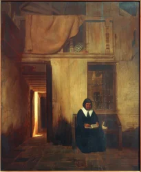 Interior con mujer leyendo y gato