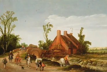Paisaje boscoso con viajeros en un camino, 1624