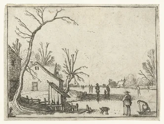Granja junto al río helado y patinadores sobre el hielo Pequeños paisajes (título de serie)