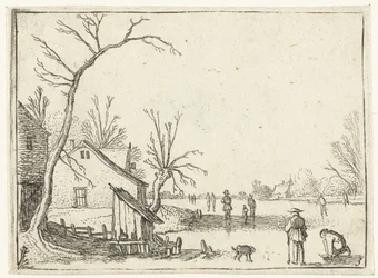 Granja junto al río helado y patinadores sobre el hielo Pequeños paisajes (título de serie)